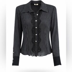 bebe Black Pinstripe Lace-Trim Button Down Shirt